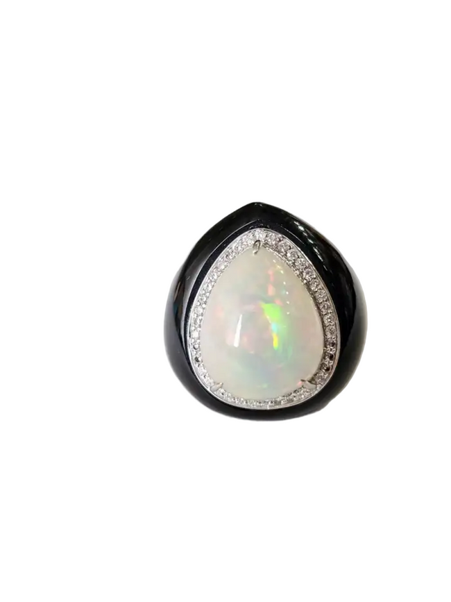 18k White Gold Diamond Ring - Natural Black Onyx & Ethiopian Opal Art Deco Style Ring Hover Image