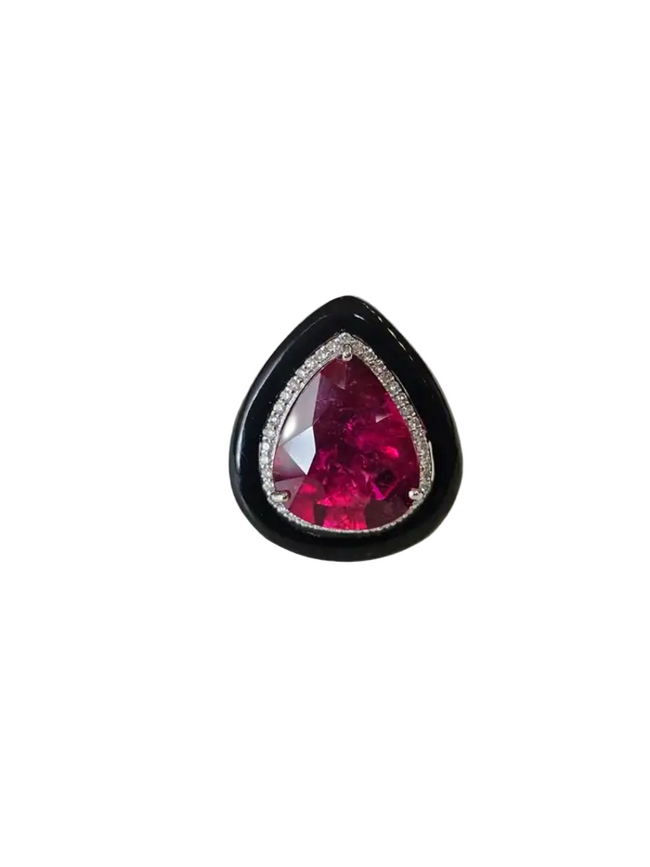 18k White Gold Diamond Cocktail Ring - Natural Rubellite & Black Onyx Ring Hover Image