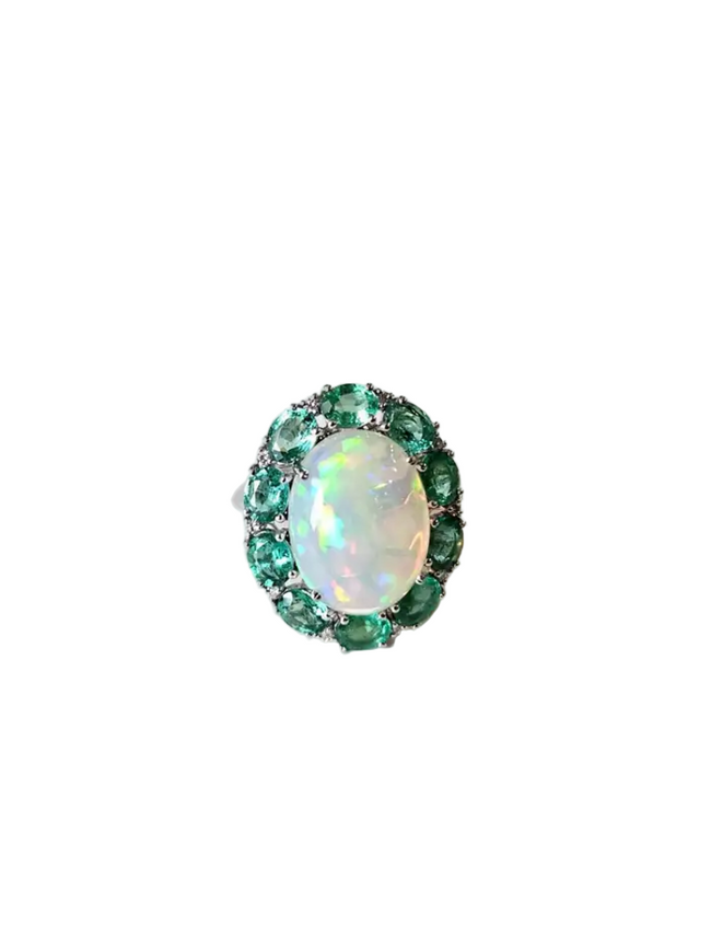 18k White Gold Diamond Ring - Natural Ethiopian Opal & Zambian Emerald Cocktail Ring Hover Image