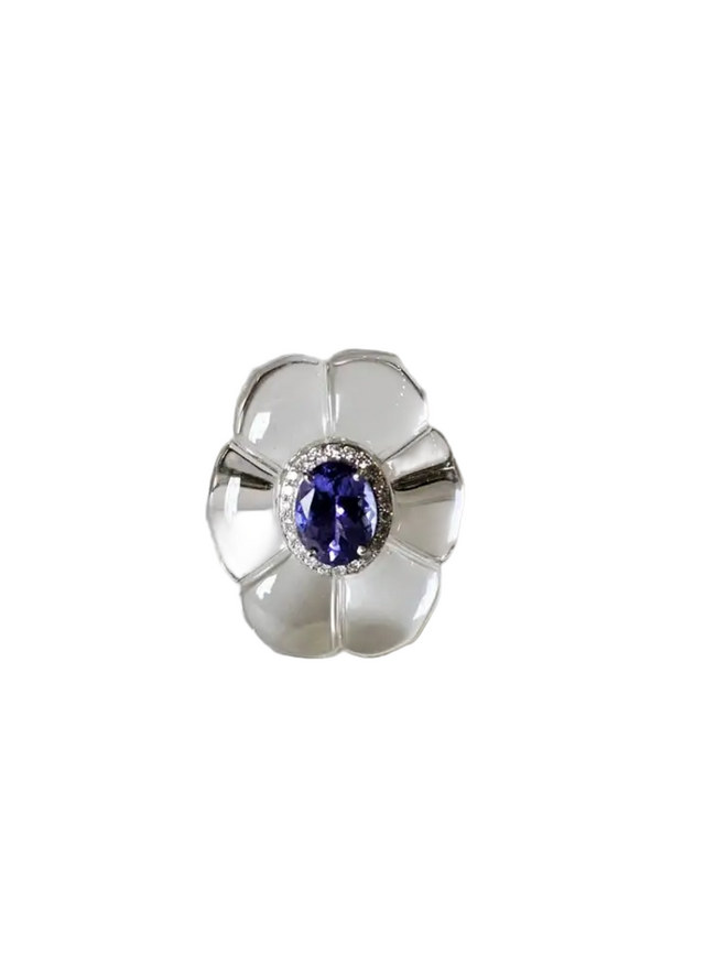 18k White Gold Diamond Cocktail Ring - Natural Tanzanite & Crystal Ring Hover Image