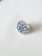 Natural Blue Sapphire & Rose Cut Diamonds Cocktail Ring - Handmade 18k White Gold Ring