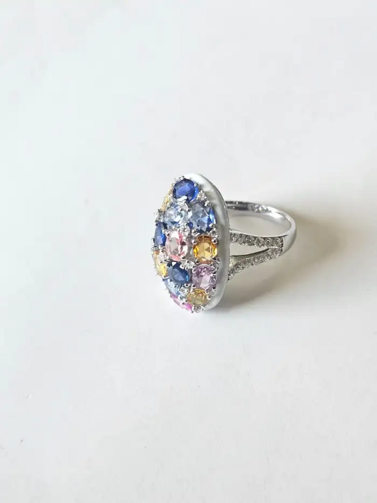 Natural Multi Sapphire & White Enamel Cocktail Ring - 18k White Gold Diamond Ring