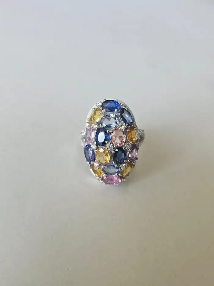 Natural Multi Sapphire & White Enamel Cocktail Ring - 18k White Gold Diamond Ring