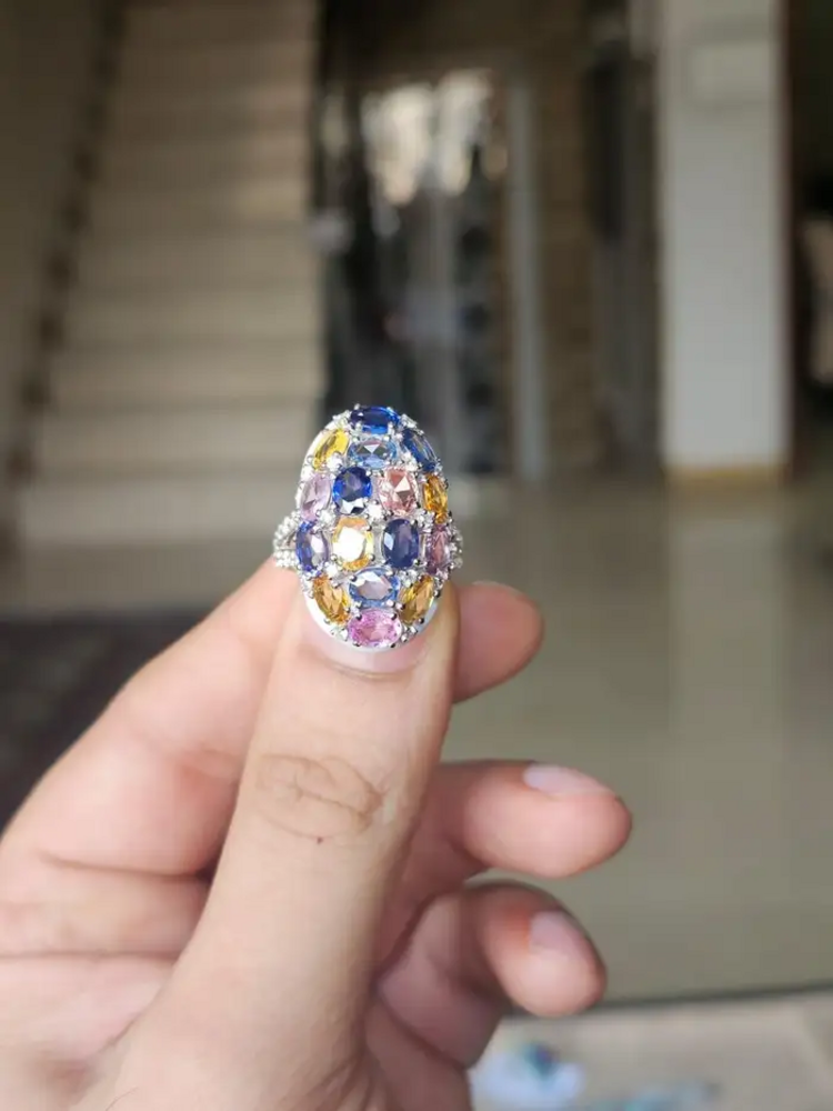 Natural Multi Sapphire & White Enamel Cocktail Ring - 18k White Gold Diamond Ring