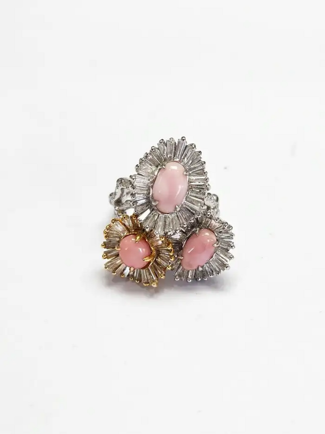 18k White Gold Tapered Diamonds Cocktail Ring - 3.93 Ct. Conch Pearls Wedding Ring Hover Image