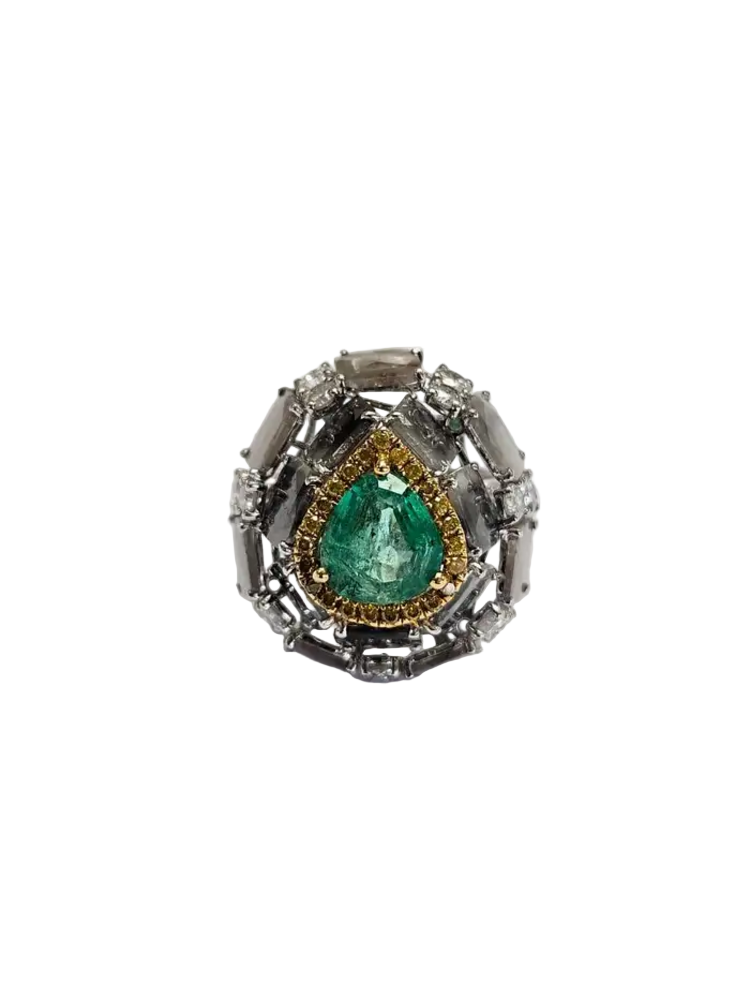 Natural Colombian Emerald & Slice Diamond Wedding Ring - 18k White Gold Ring