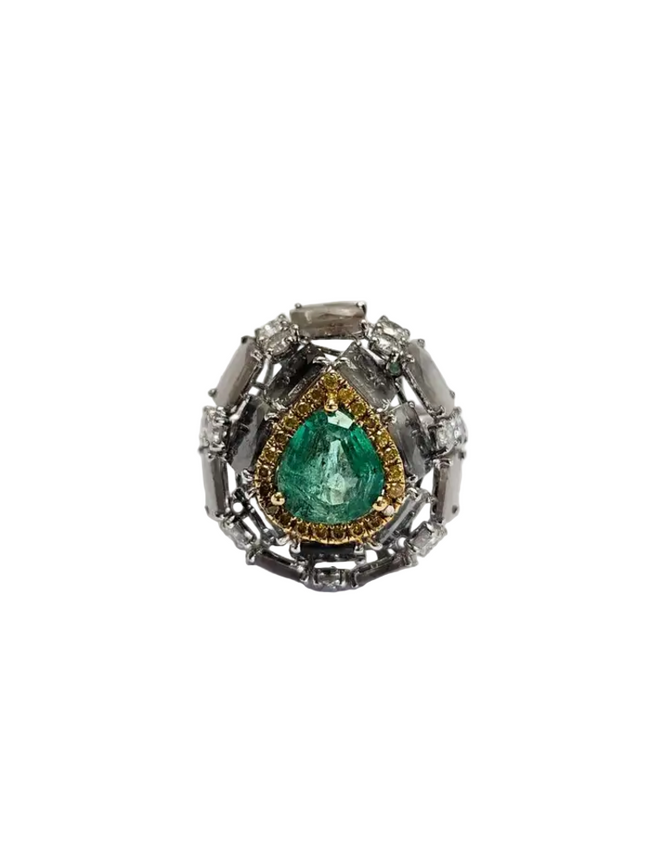 Natural Colombian Emerald & Slice Diamond Wedding Ring - 18k White Gold Ring Hover Image