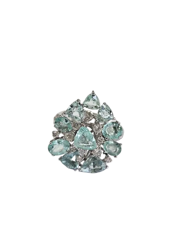 18k White Gold Diamond Wedding Ring - Natural Paraiba Gemstone Ring Hover Image