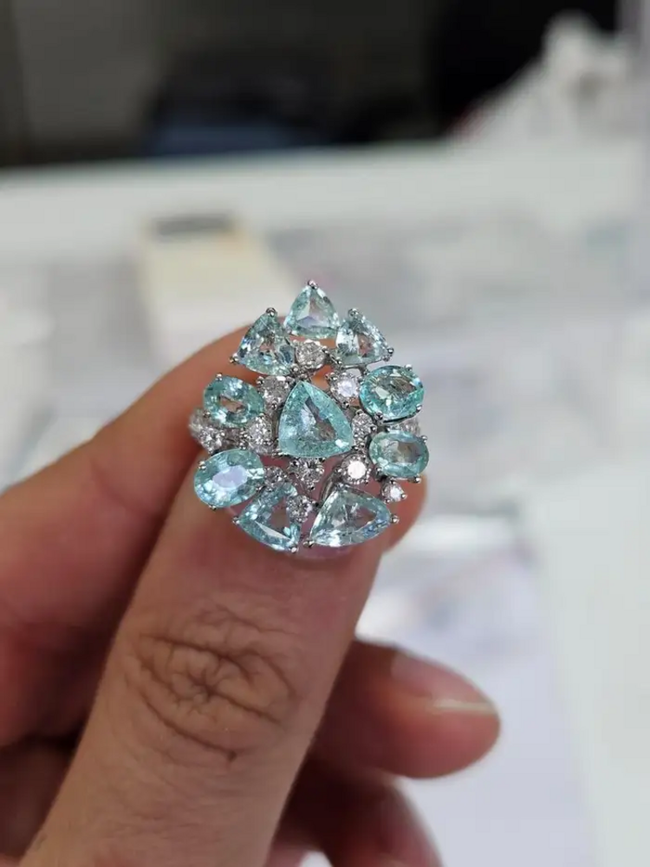 18k White Gold Diamond Wedding Ring - Natural Paraiba Gemstone Ring Main Image
