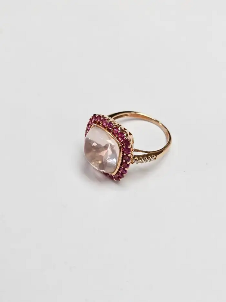 18k Rose Gold Diamond Ring - Natural Rose Quartz & Pink Sapphire Cocktail Ring