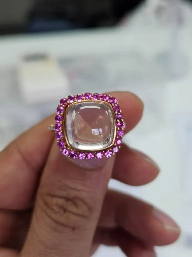 18k Rose Gold Diamond Ring - Natural Rose Quartz & Pink Sapphire Cocktail Ring