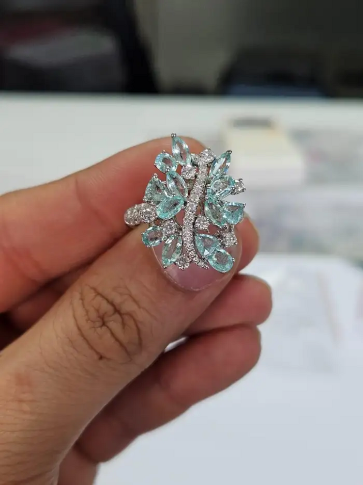 Natural Paraiba Tourmaline & Diamond Wedding Ring - 18k White Gold Engagement Ring