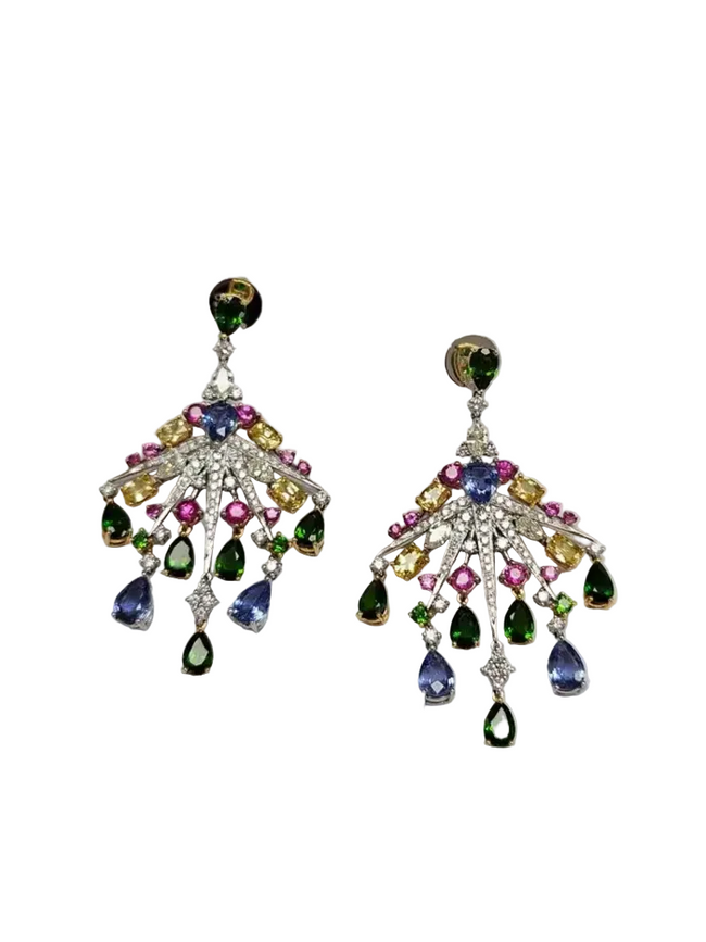 18k White Gold Diamond Chandelier Earring - Natural Multi Sapphire Dangle Earrings Hover Image