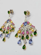 18k White Gold Diamond Chandelier Earring - Natural Multi Sapphire Dangle Earrings