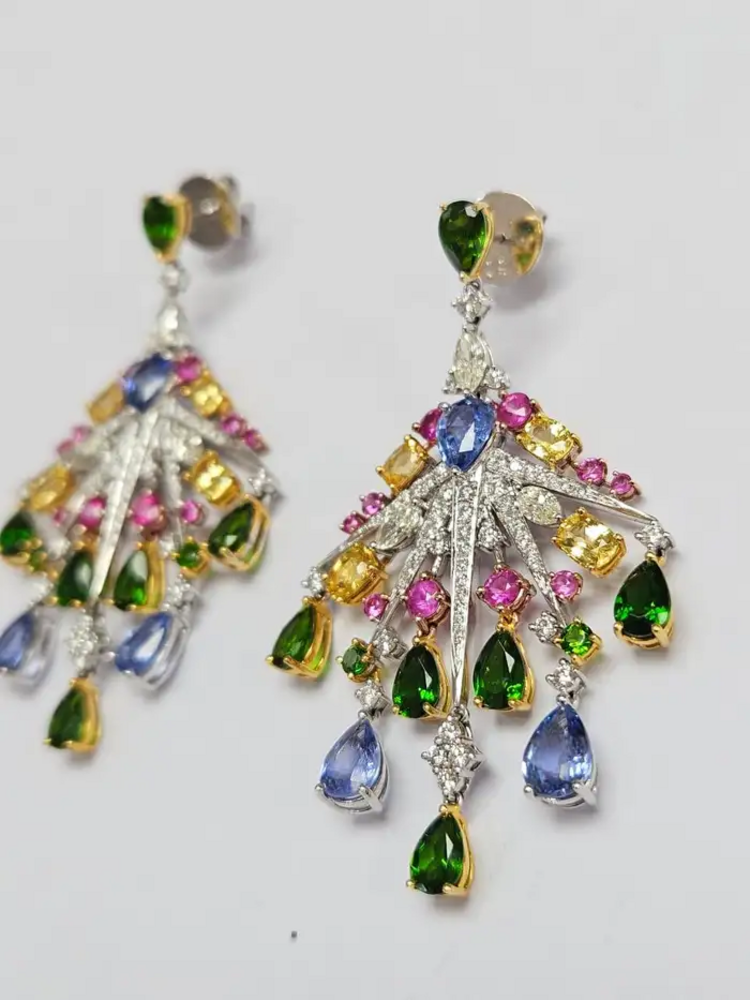 18k White Gold Diamond Chandelier Earring - Natural Multi Sapphire Dangle Earrings