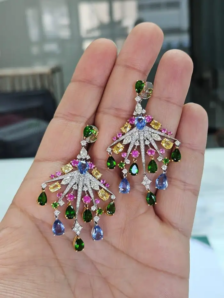 18k White Gold Diamond Chandelier Earring - Natural Multi Sapphire Dangle Earrings