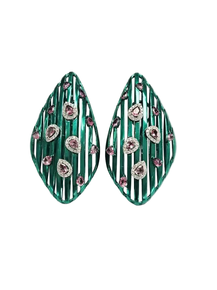 Natural Tourmaline & Diamond Dangle Earrings - 18k Gold & Green Titanium Earrings
