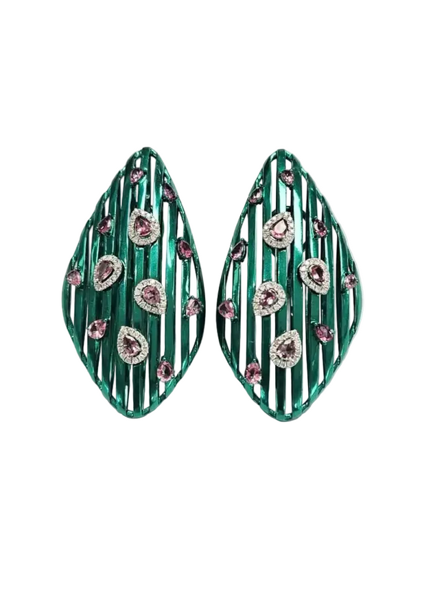 Natural Tourmaline & Diamond Dangle Earrings - 18k Gold & Green Titanium Earrings Hover Image