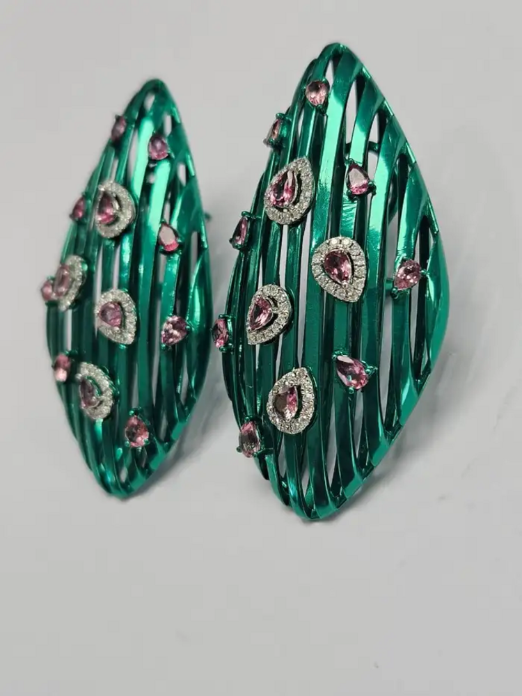 Natural Tourmaline & Diamond Dangle Earrings - 18k Gold & Green Titanium Earrings