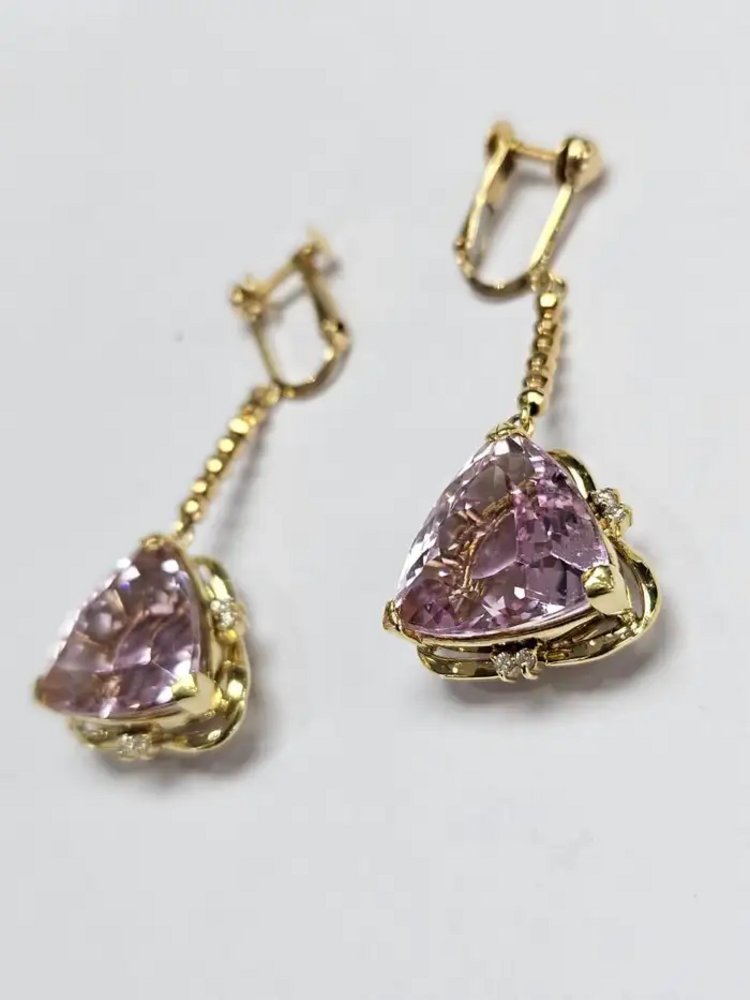 Natural Kunzite & Diamond Dangle Earrings - 18k Yellow Gold Dangle Earrings