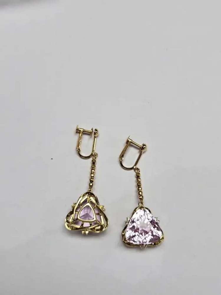 Natural Kunzite & Diamond Dangle Earrings - 18k Yellow Gold Dangle Earrings