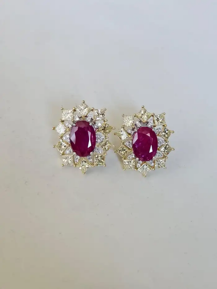 Mozambique Ruby & Yellow Diamond Stud Earrings - 18k Gold Diamond Stud Earrings