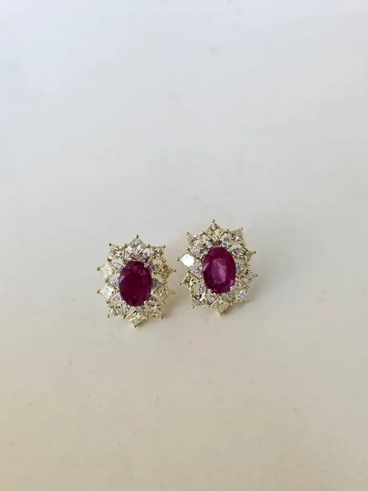 Mozambique Ruby & Yellow Diamond Stud Earrings - 18k Gold Diamond Stud Earrings