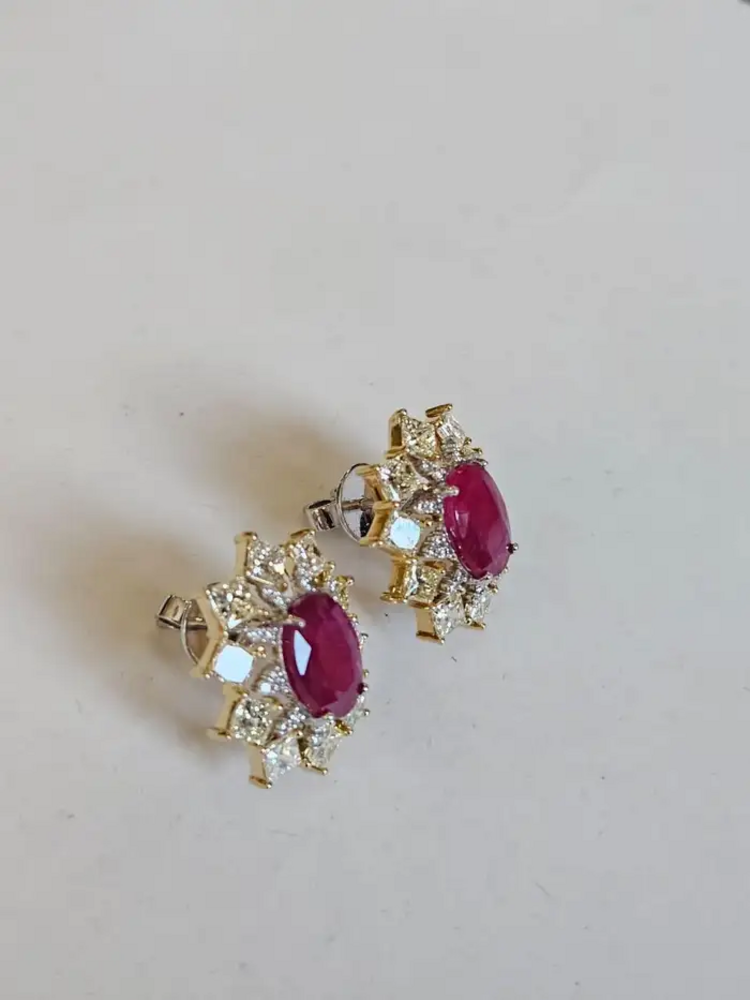 Mozambique Ruby & Yellow Diamond Stud Earrings - 18k Gold Diamond Stud Earrings