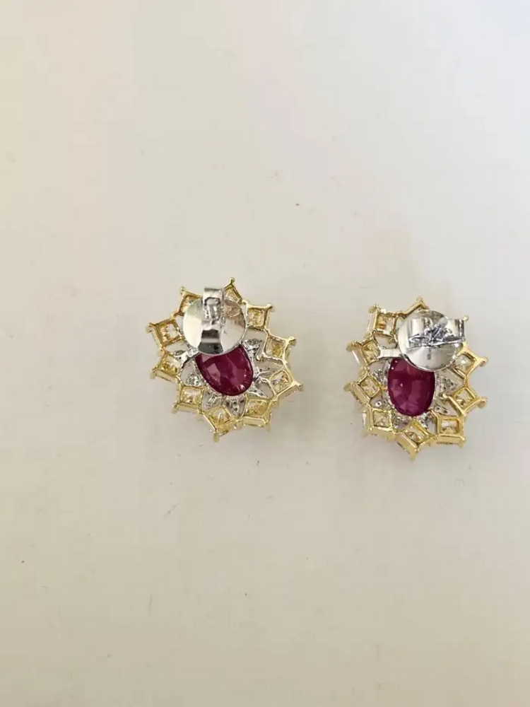 Mozambique Ruby & Yellow Diamond Stud Earrings - 18k Gold Diamond Stud Earrings