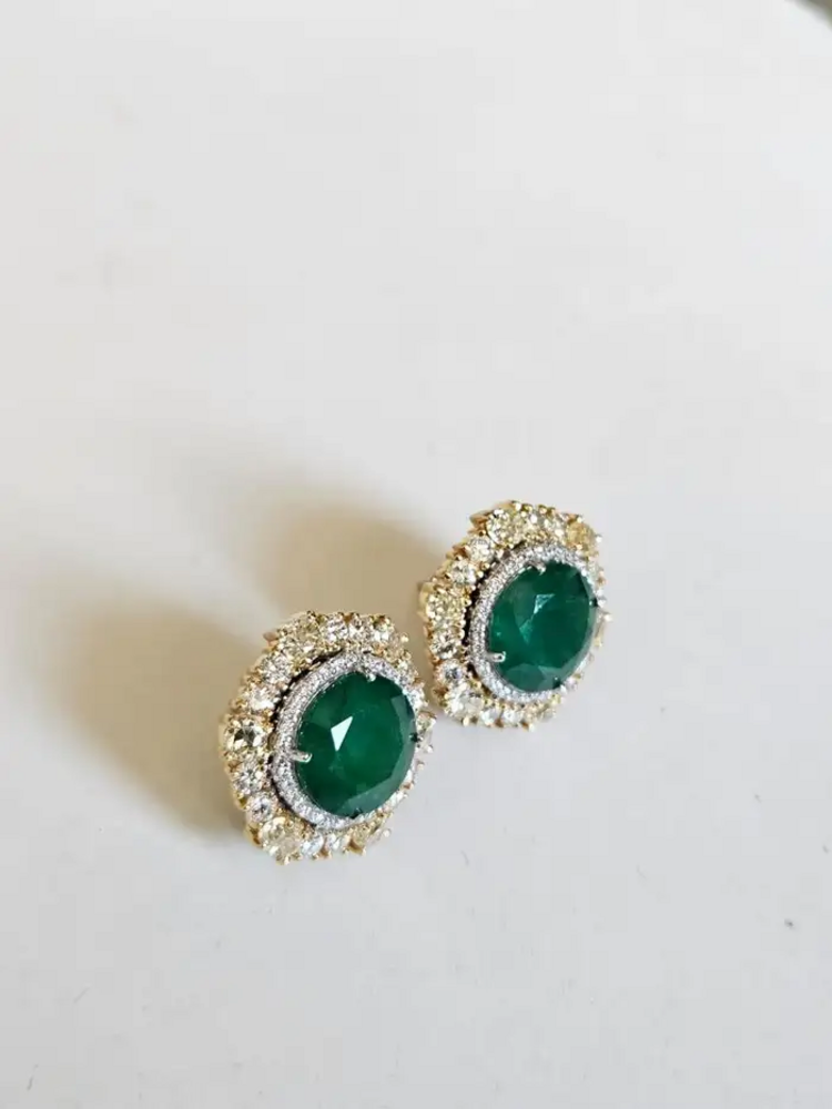 Natural Zambian Emerald & Yellow Diamond Earrings - 18k White Gold Stud Earrings