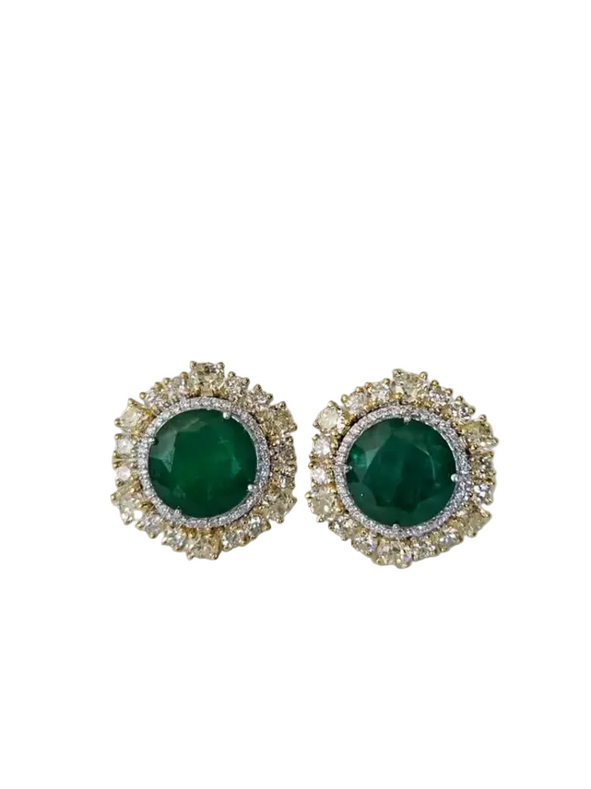 Natural Zambian Emerald & Yellow Diamond Earrings - 18k White Gold Stud Earrings Hover Image