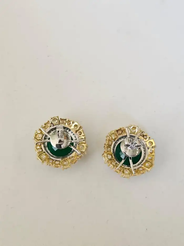 Natural Zambian Emerald & Yellow Diamond Earrings - 18k White Gold Stud Earrings
