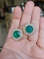 Natural Zambian Emerald & Yellow Diamond Earrings - 18k White Gold Stud Earrings