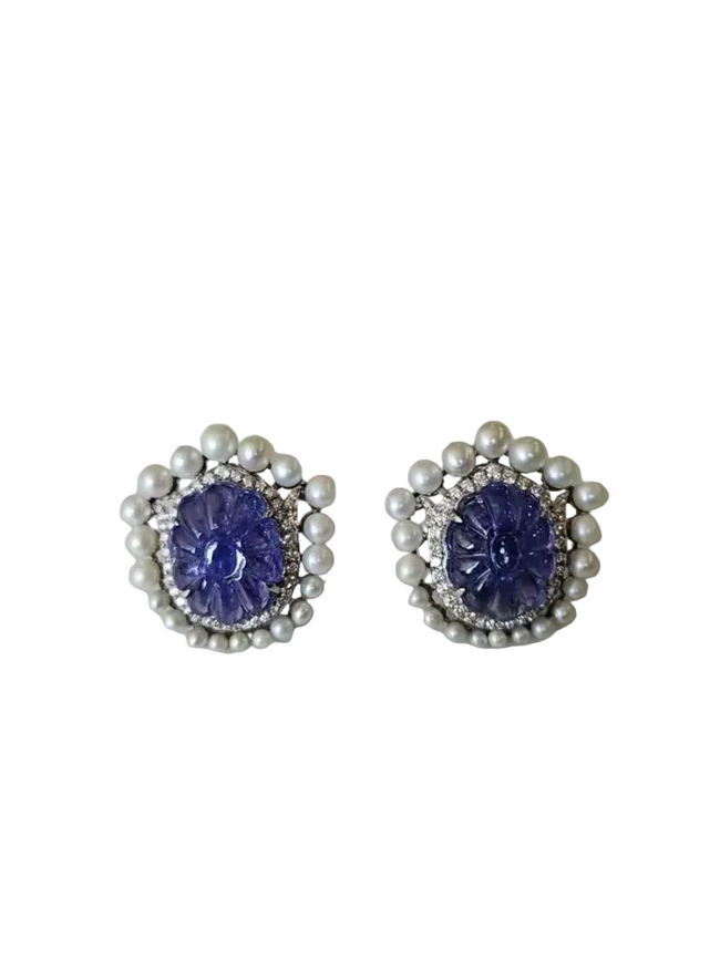 18k White Gold Diamond Stud Earrings - Hand Carved Tanzanite & Fresh Water Pearl Earrings Hover Image