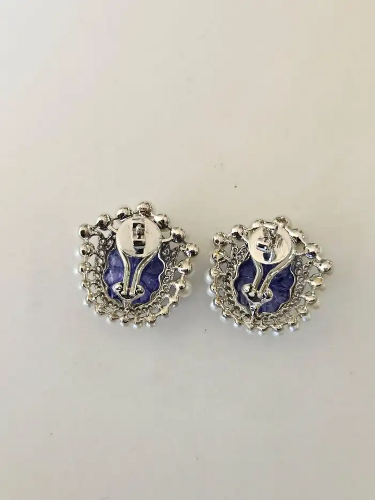 18k White Gold Diamond Stud Earrings - Hand Carved Tanzanite & Fresh Water Pearl Earrings
