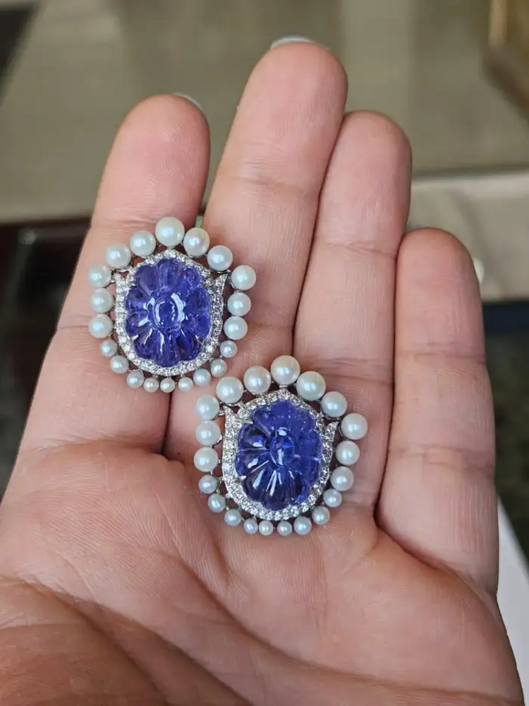 18k White Gold Diamond Stud Earrings - Hand Carved Tanzanite & Fresh Water Pearl Earrings