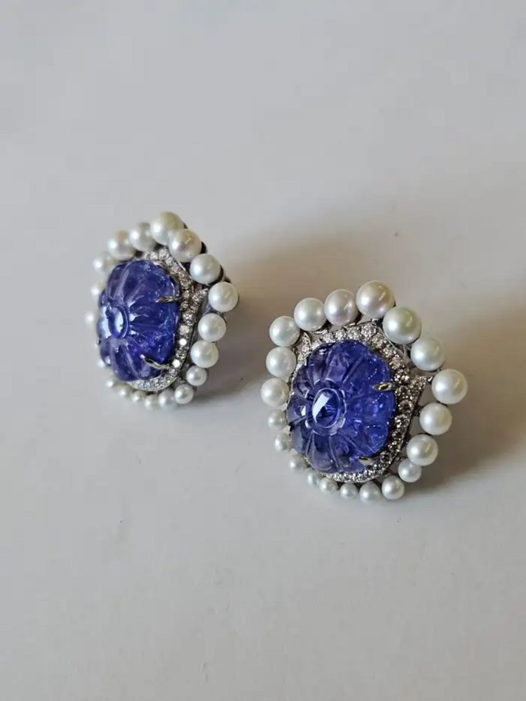 18k White Gold Diamond Stud Earrings - Hand Carved Tanzanite & Fresh Water Pearl Earrings