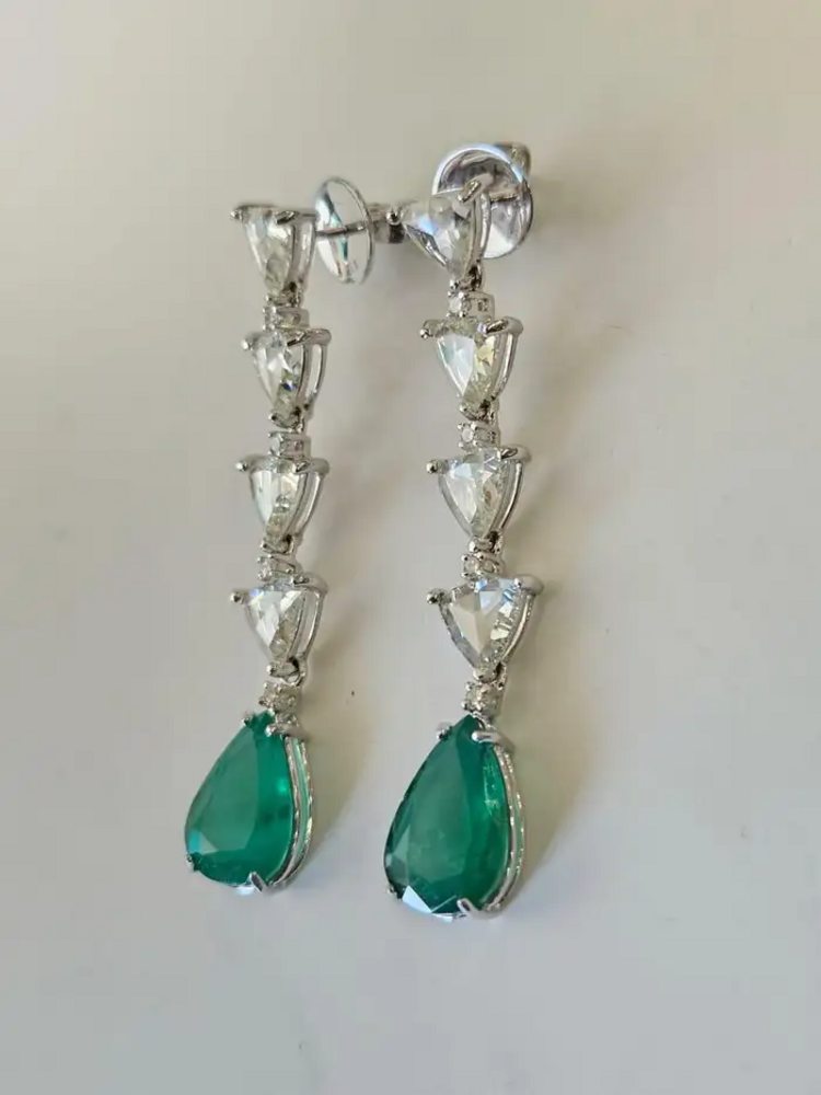 18k White Gold Diamond Drop Dangle Earrings - Natural Zambian Emerald & Rose Cut Diamond Earrings