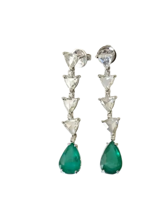 18k White Gold Diamond Drop Dangle Earrings - Natural Zambian Emerald & Rose Cut Diamond Earrings Hover Image