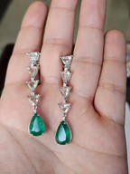 18k White Gold Diamond Drop Dangle Earrings - Natural Zambian Emerald & Rose Cut Diamond Earrings