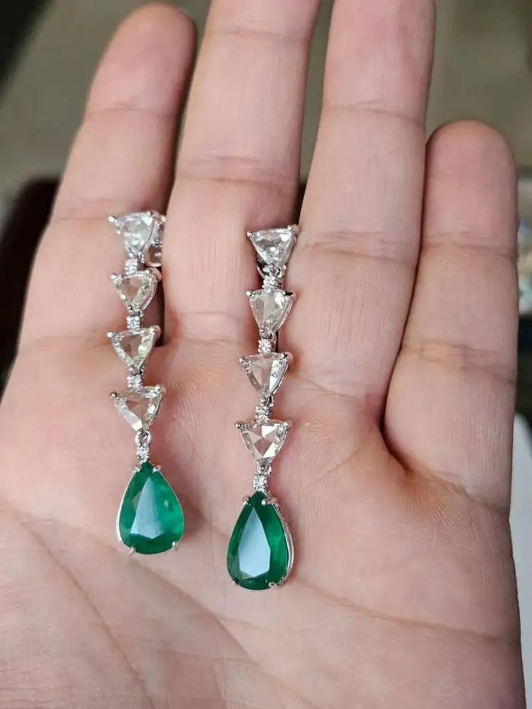 18k White Gold Diamond Drop Dangle Earrings - Natural Zambian Emerald & Rose Cut Diamond Earrings