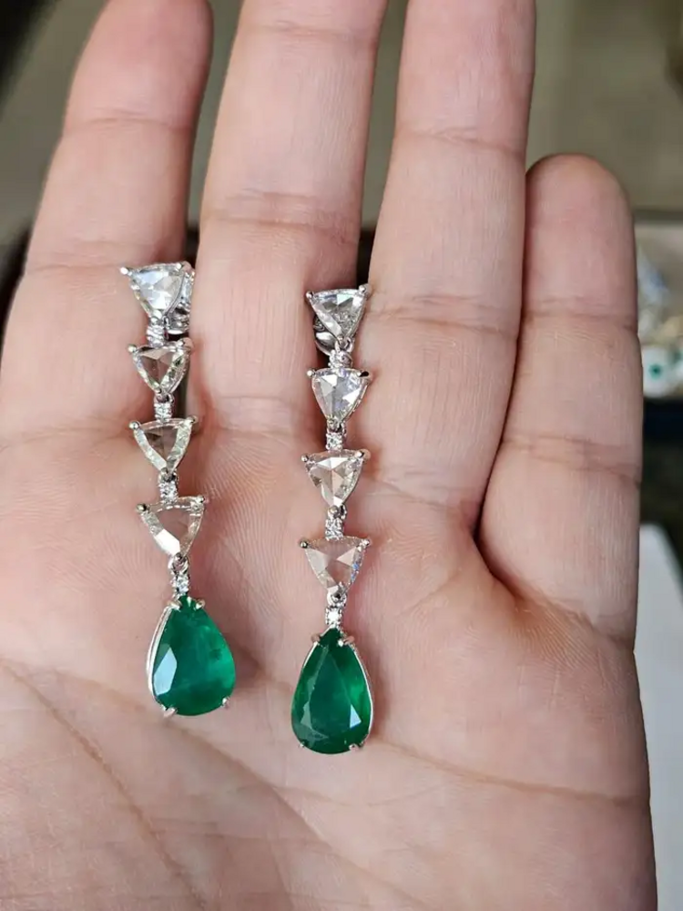18k White Gold Diamond Drop Dangle Earrings - Natural Zambian Emerald & Rose Cut Diamond Earrings