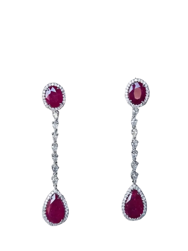 Natural Ruby & Diamond Dangle Earrings - 18k White Gold Chandelier Earrings Hover Image