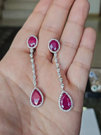 Natural Ruby & Diamond Dangle Earrings - 18k White Gold Chandelier Earrings