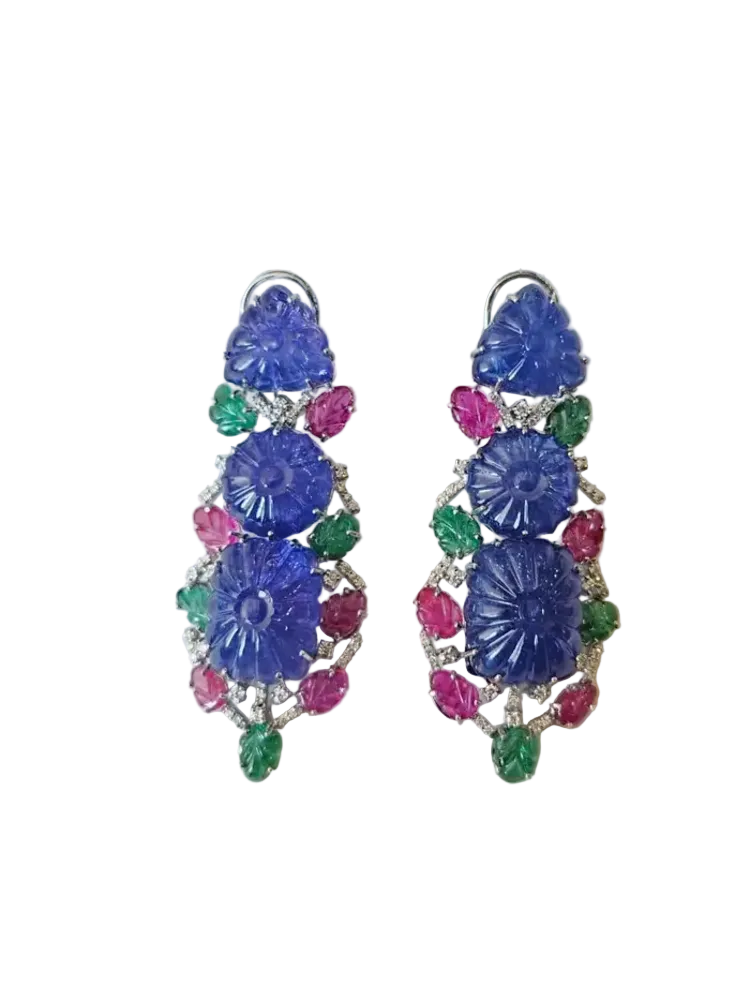 18k White Gold Diamond Dangle Earrings - Carved Tanzanite, Ruby & Emerald Earrings
