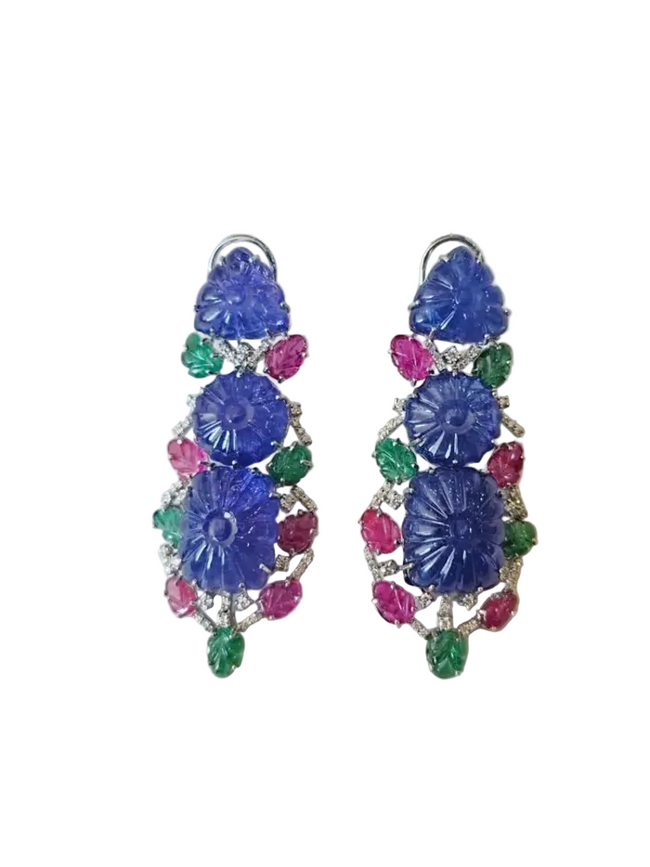 18k White Gold Diamond Dangle Earrings - Carved Tanzanite, Ruby & Emerald Earrings Hover Image