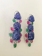 18k White Gold Diamond Dangle Earrings - Carved Tanzanite, Ruby & Emerald Earrings