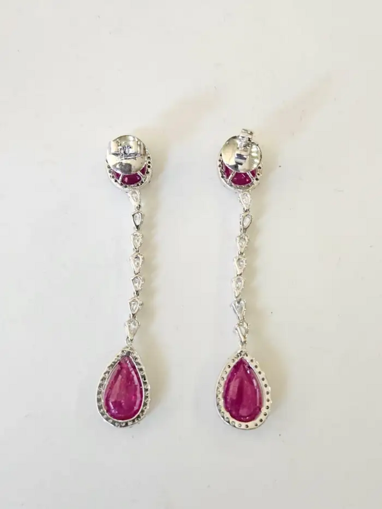 Natural Ruby & Diamond Dangle Earrings - 18k White Gold Chandelier Earrings