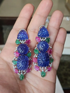 18k White Gold Diamond Dangle Earrings - Carved Tanzanite, Ruby & Emerald Earrings