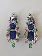 18k White Gold Diamond Dangle Earrings - Carved Tanzanite, Ruby & Emerald Earrings